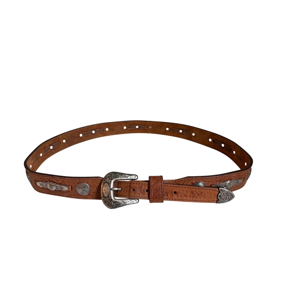 Vintage Leegin 1993 Mens Brown Tooled Leather Western Concho Ranger Belt Size 40